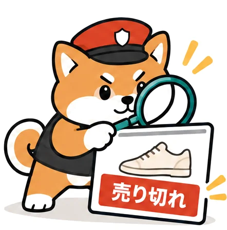 虫めがねで商品ページの「売り切れ」を確かめるガード犬