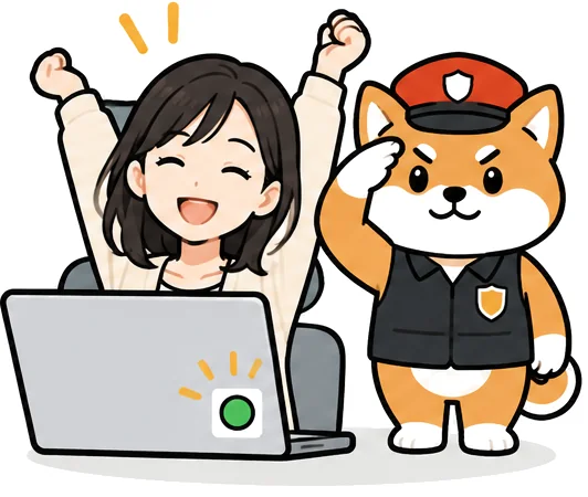 両手を上げてよろこぶ出品者と、敬礼するガード犬