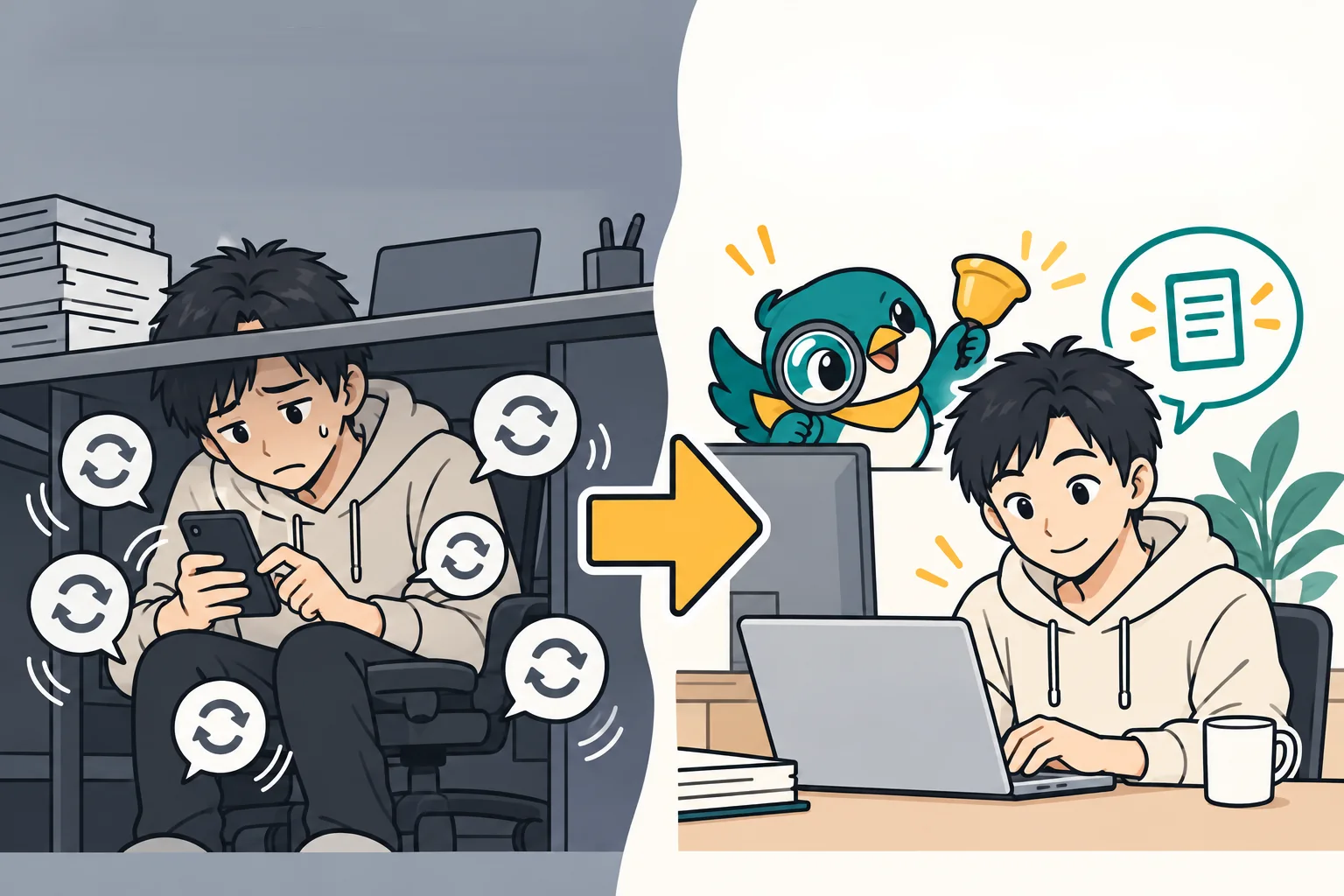 手作業だと…仕事中に机の下でスマホの検索を何度も更新して疲れる。サキドリなら、仕事に集中している間に、サキドリが条件に合う新着だけを知らせる