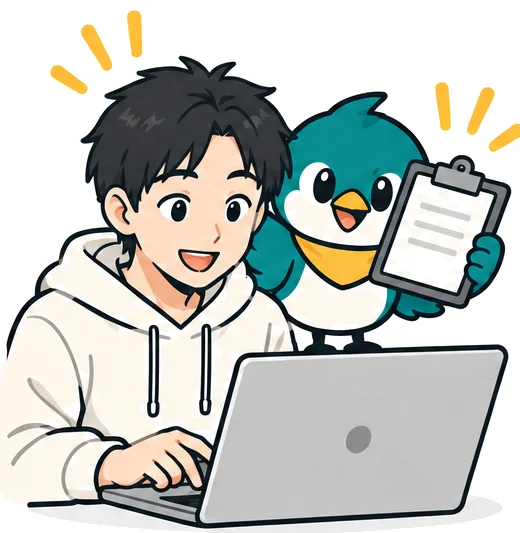パソコンでメルカリの検索URLを貼る男性と、クリップボードを持つサキドリ