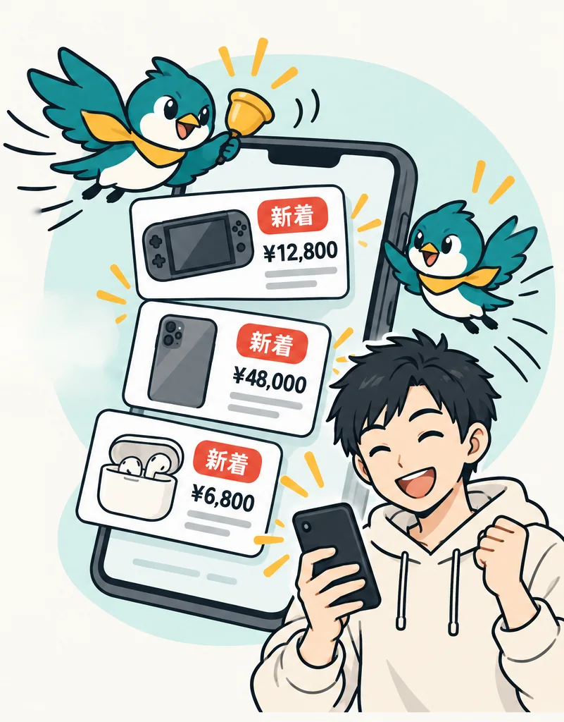 スマホに新着のお知らせが届き、ベルを鳴らすツバメのサキドリと、よろこぶ男性