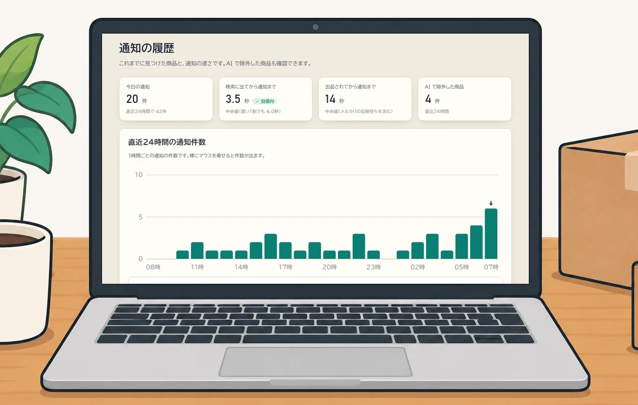 通知の履歴(ノートパソコン)。今日の通知の数、通知までの中央値、時間ごとの通知件数のグラフ