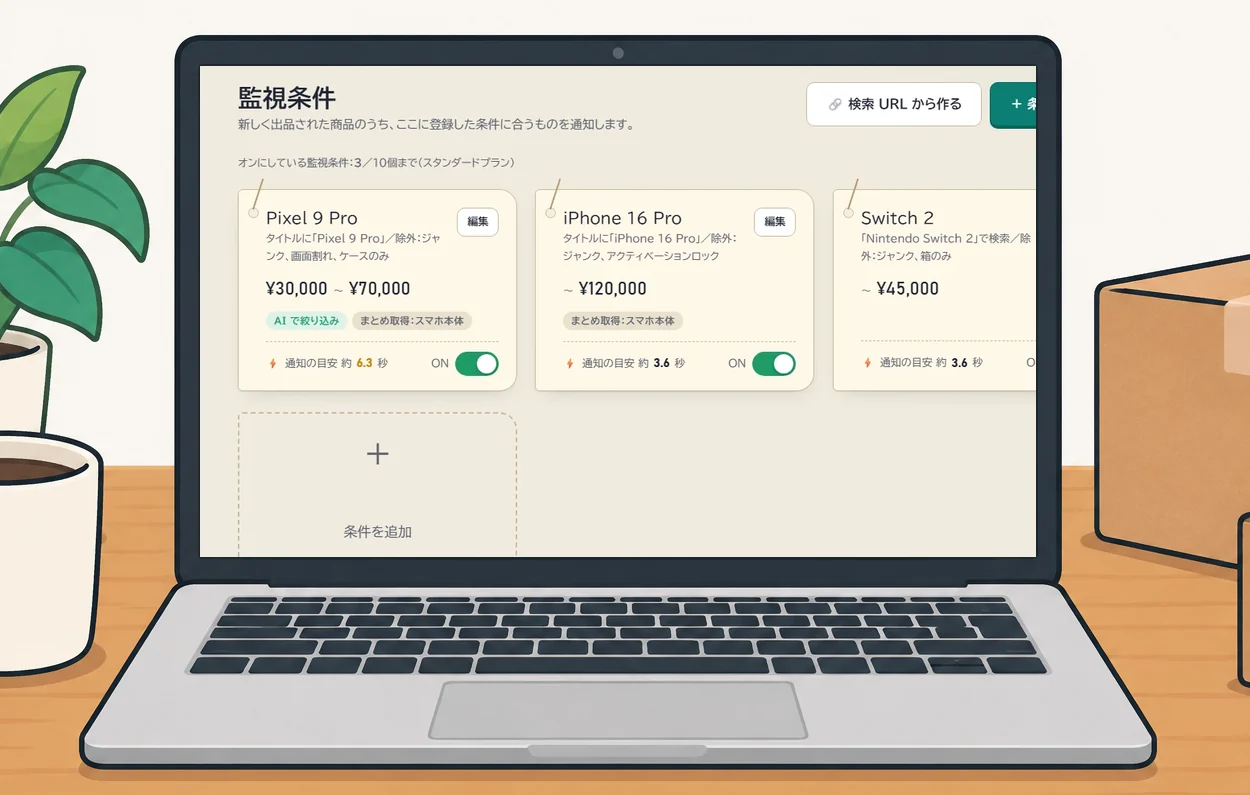 見張る条件の一覧(ノートパソコン)。条件ごとに価格の範囲や通知の目安の秒数が出る